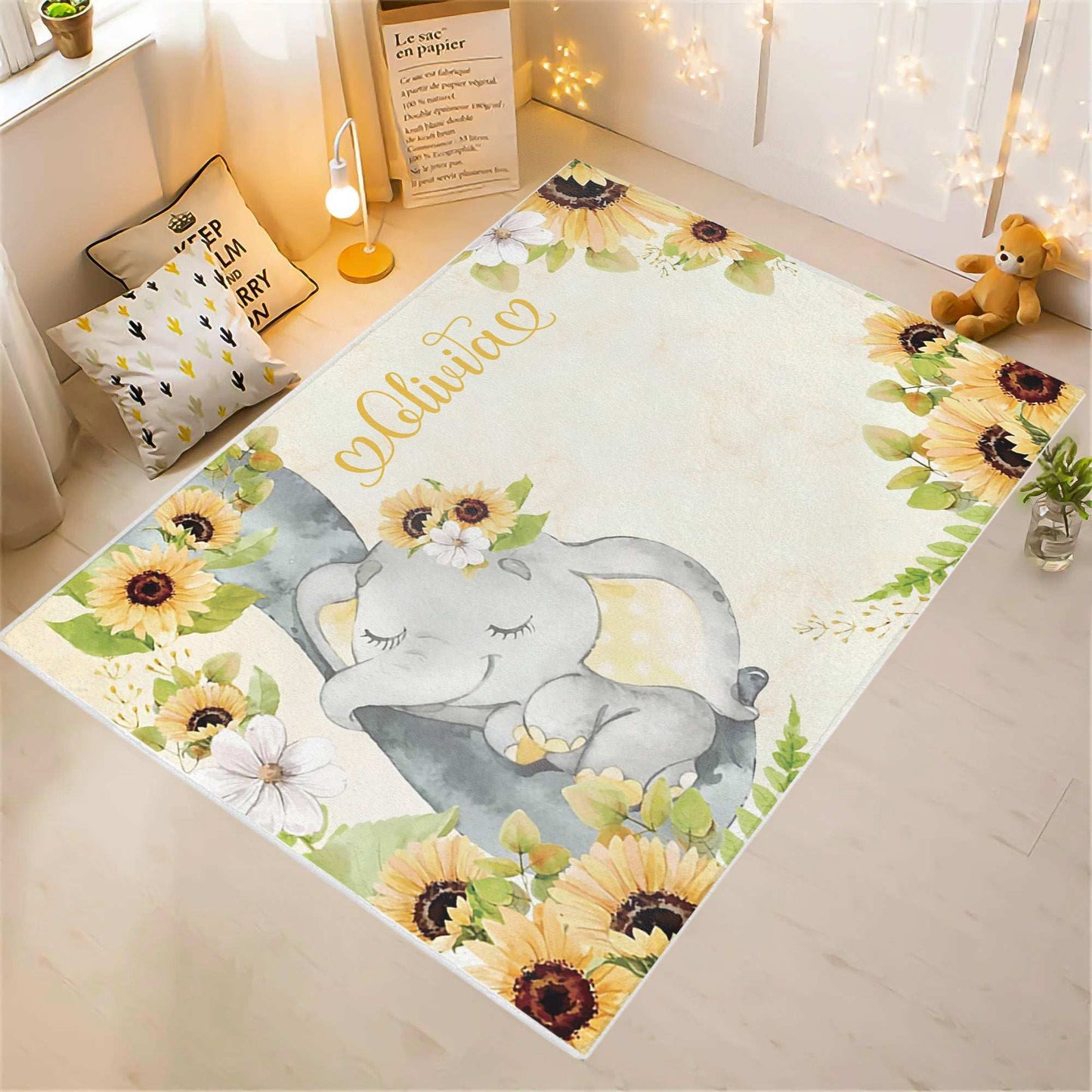 Baby Elephant Sunflower Nursery Rug