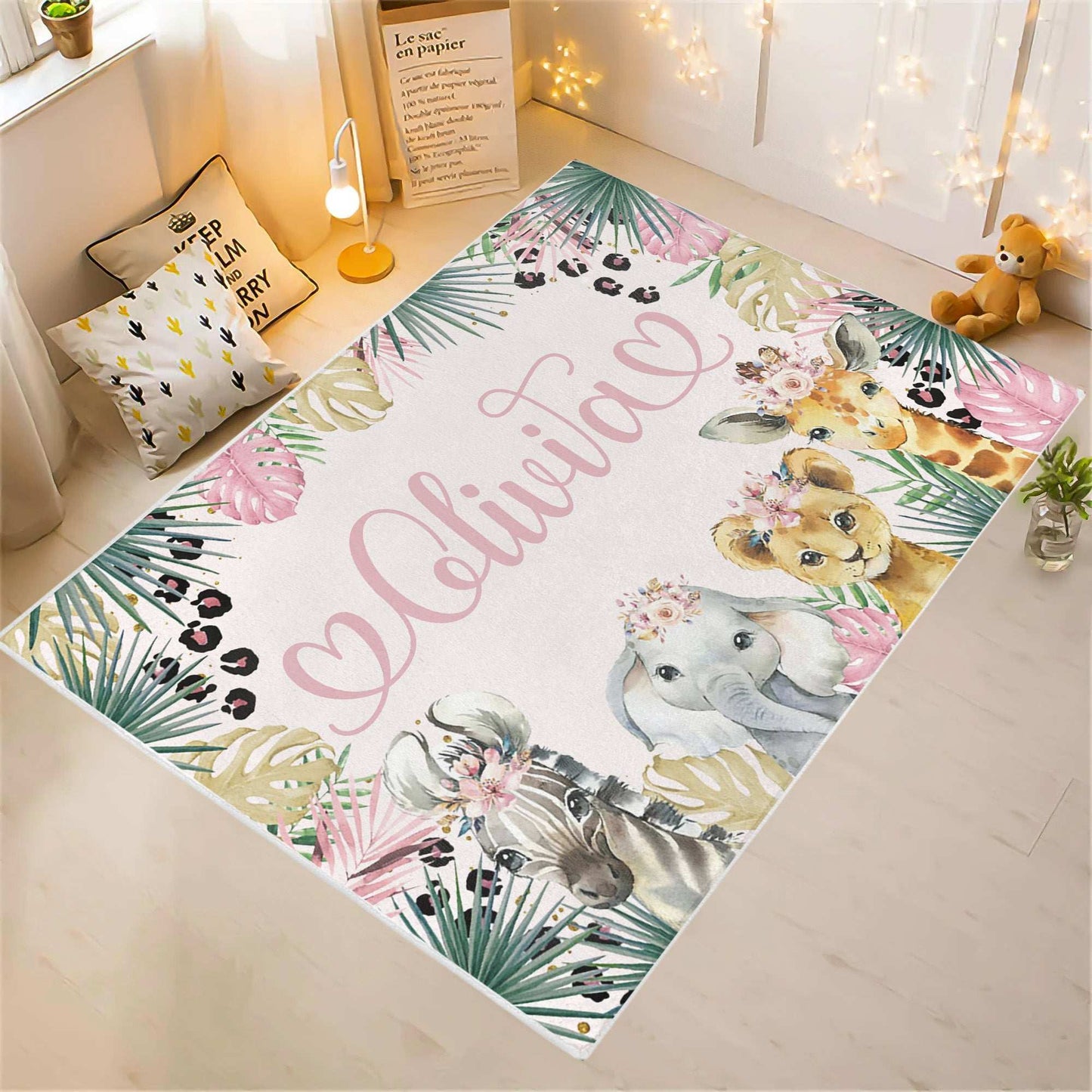 Safari Animals Floral Nursery Rug