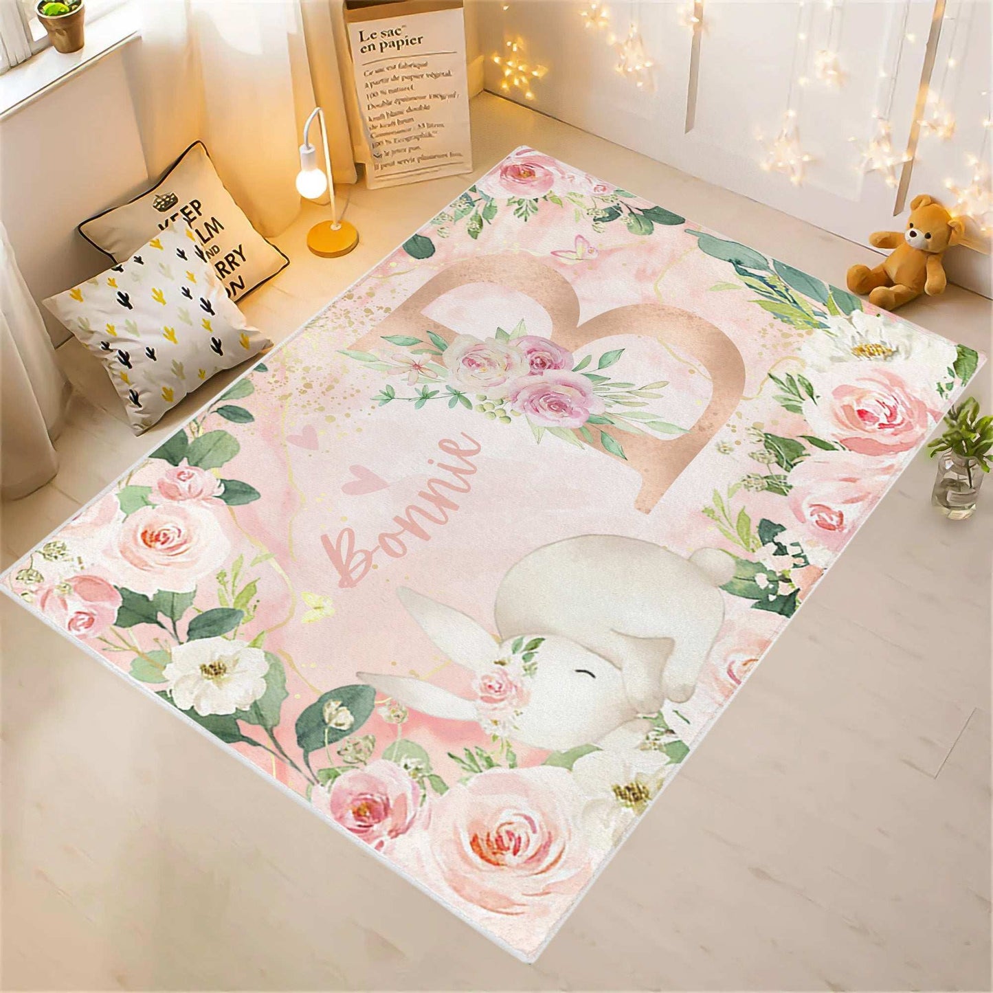 Rose Floral Bunny Nursery Rug