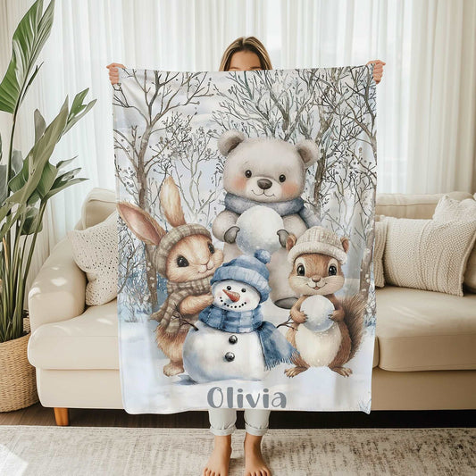 Forest Animals Snowman Blanket