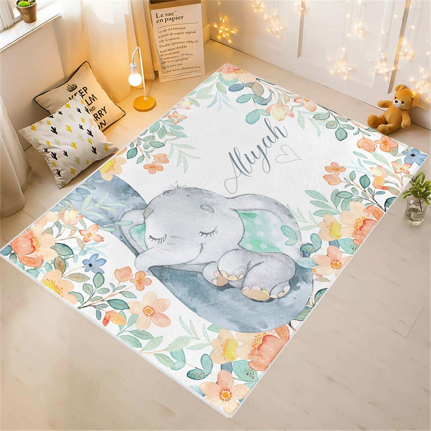 Floral Elephant Nursery Rug