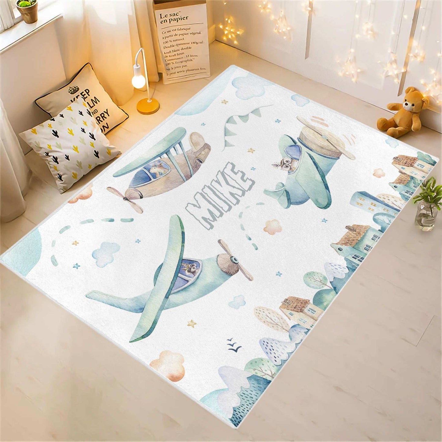 Animals On Plane Nursery Rug