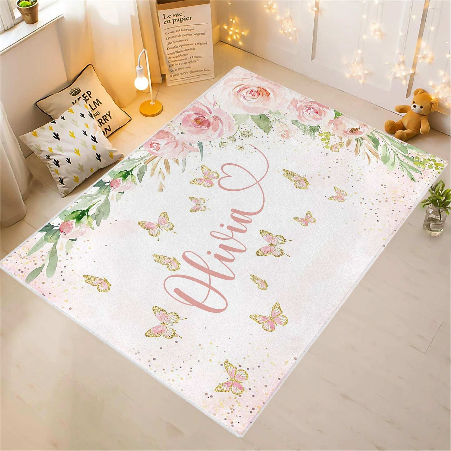 Rose Butterfly Custom Name Rug
