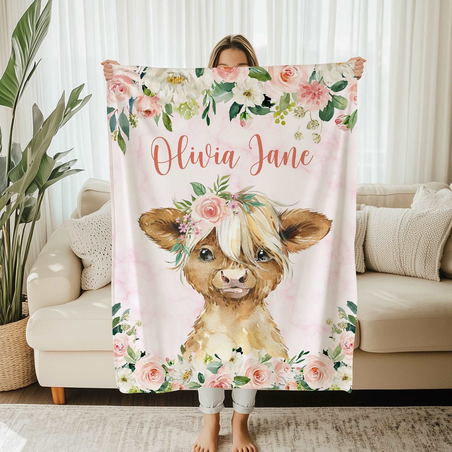 Highland Cow Floral Blanket