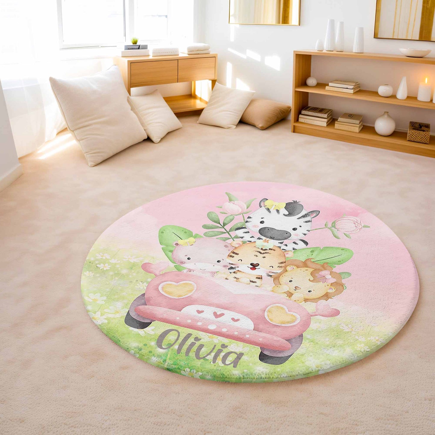 Safari Animals In Car Round Rug