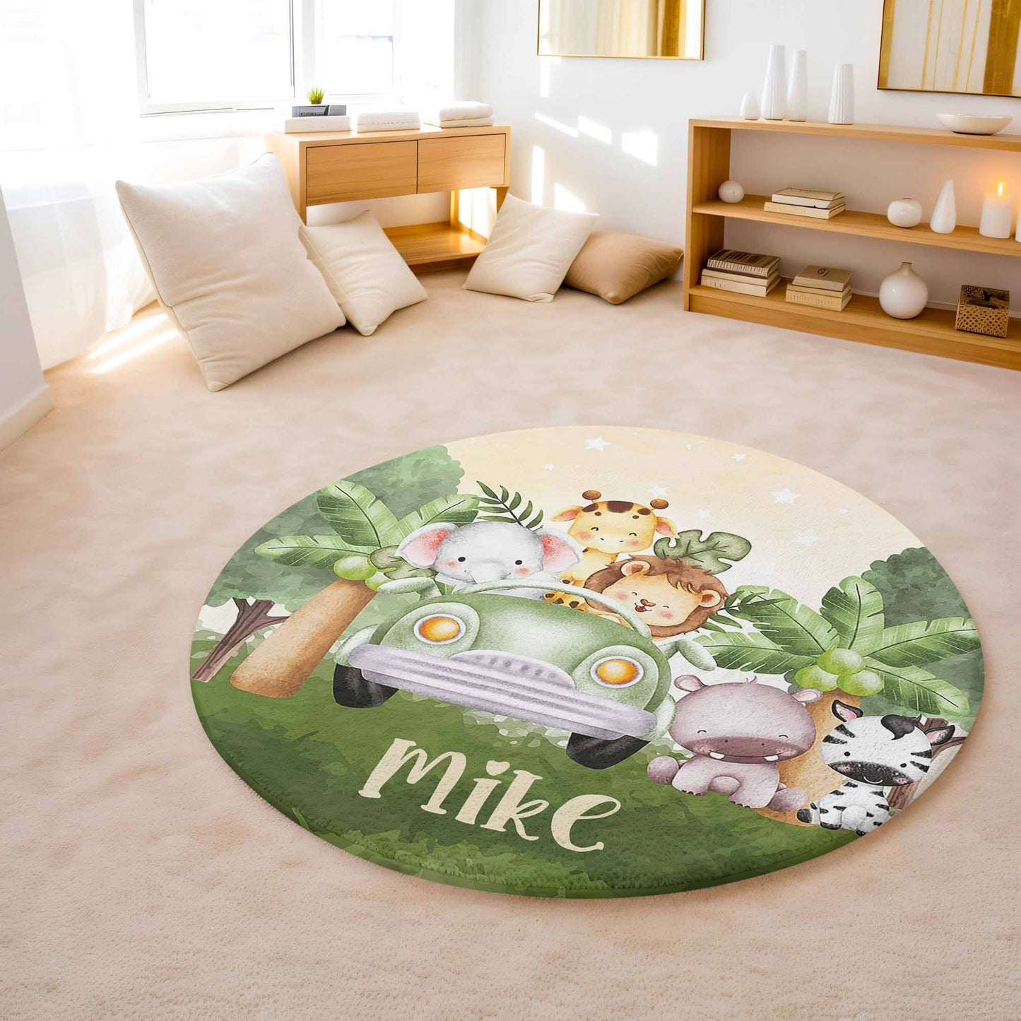 Safari Animals In Car Round Rug