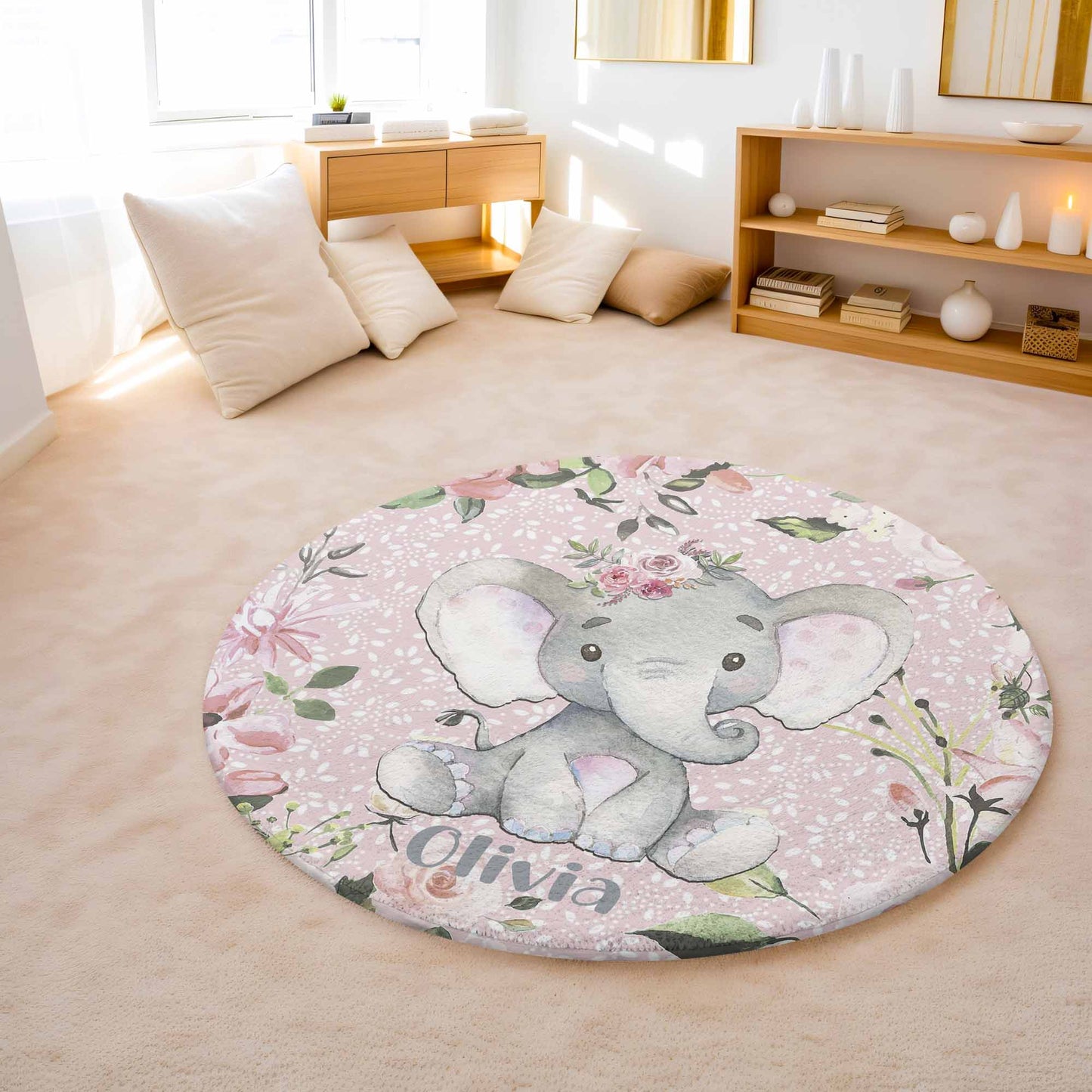 Floral Elephant Round Rug