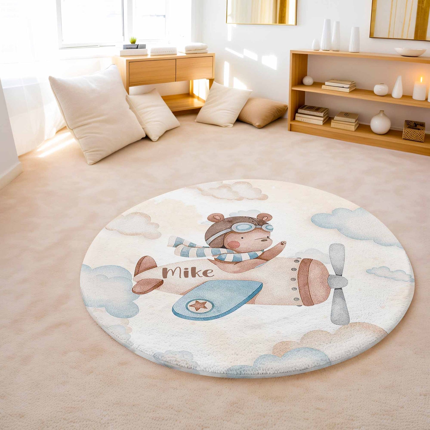 Teddy Bear On Plane Round Rug