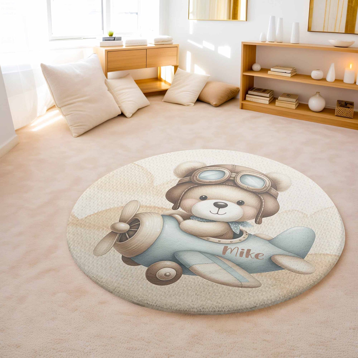 Pilot Bear On Plane Round Rug