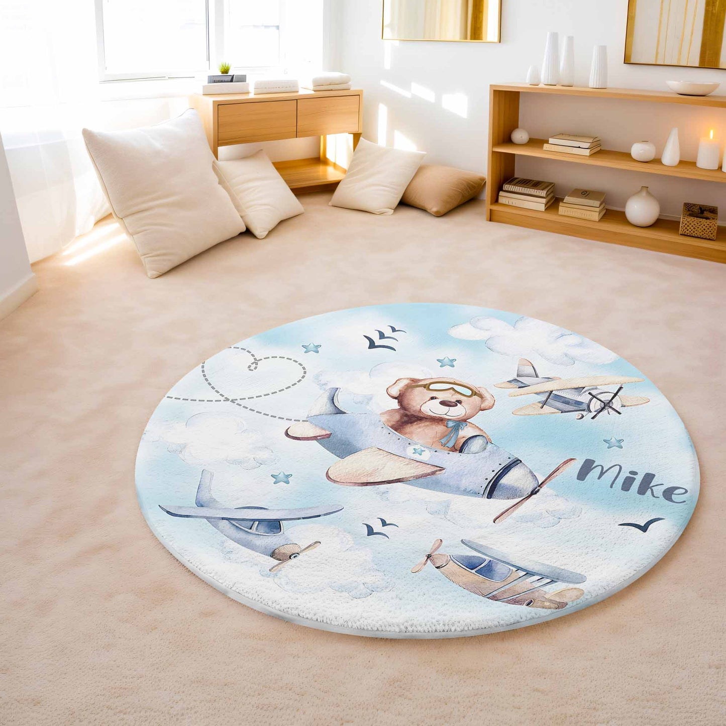 Little Pilot Flying Plane Round Rug