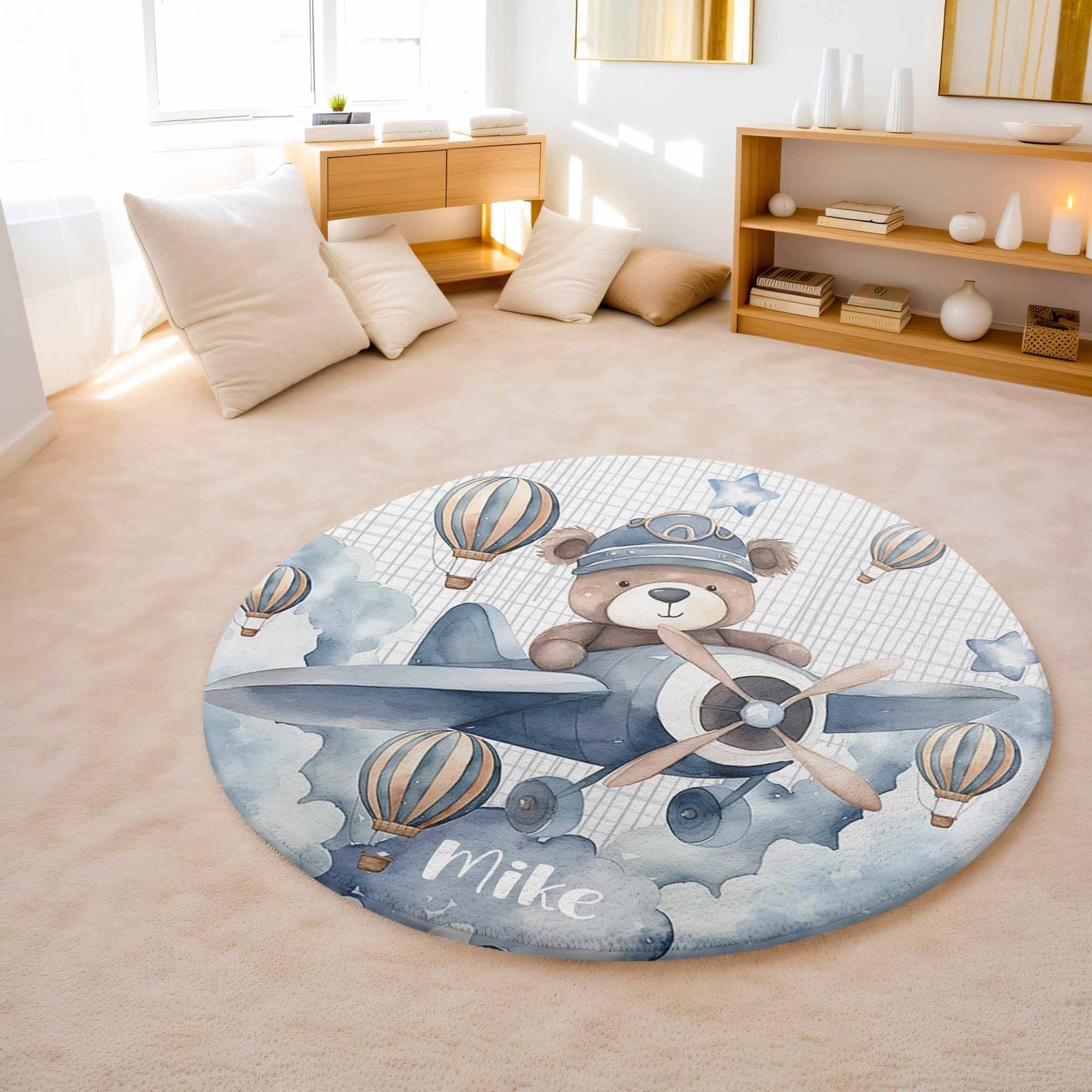 Teddy Bear On Plane Round Rug