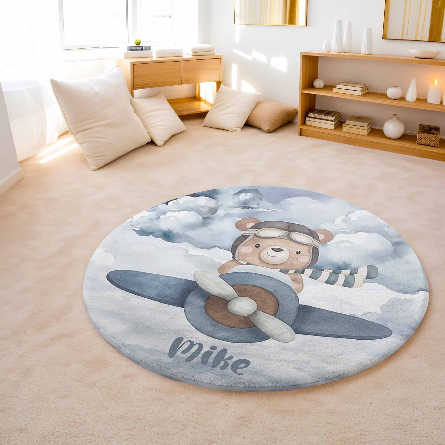 Pilot Bear On Plane Round Rug