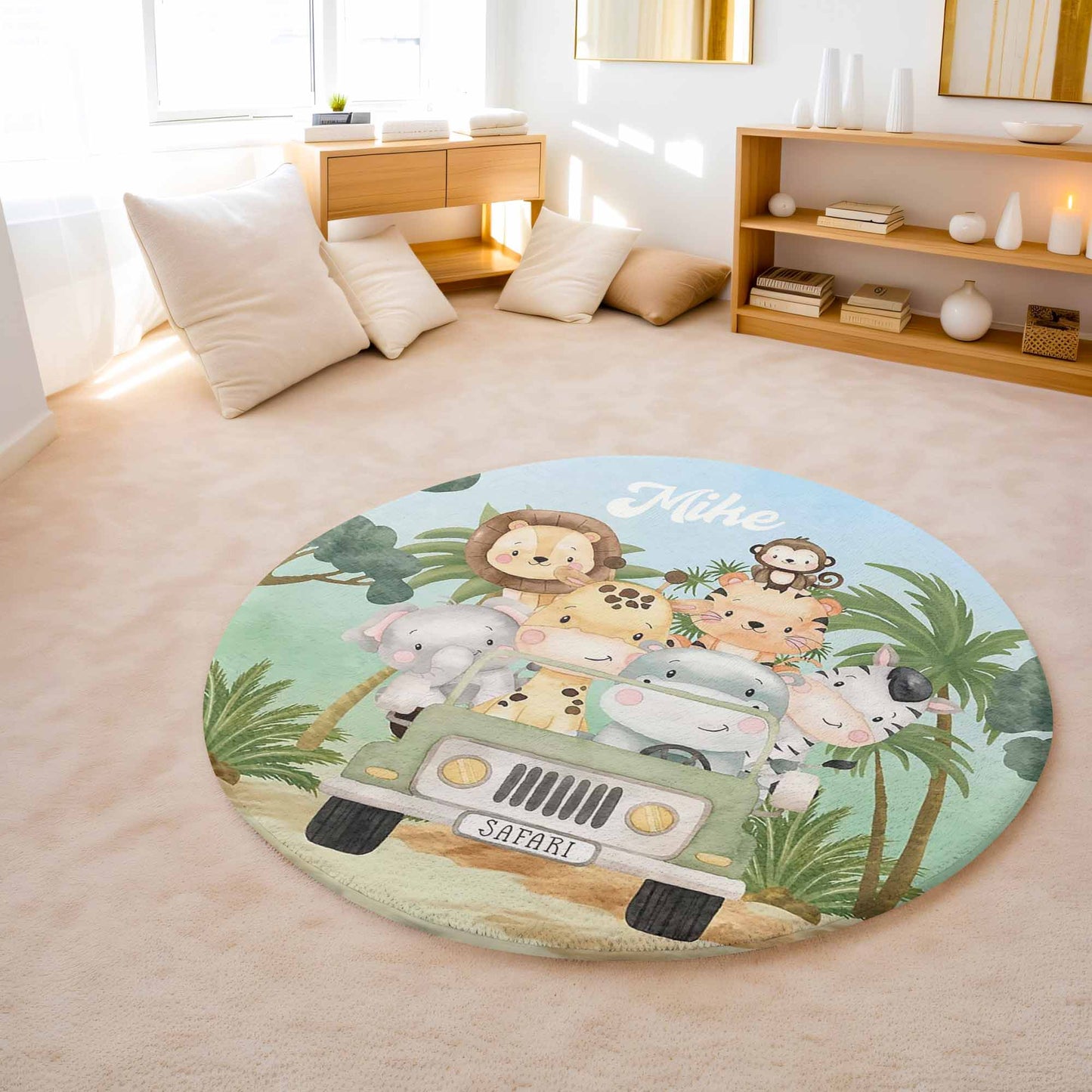 Safari Animals In Car Round Rug