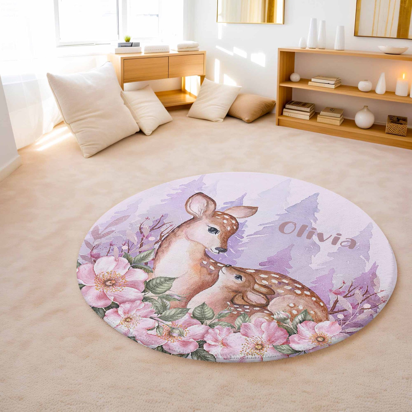 Mom And Baby Deer Round Rug