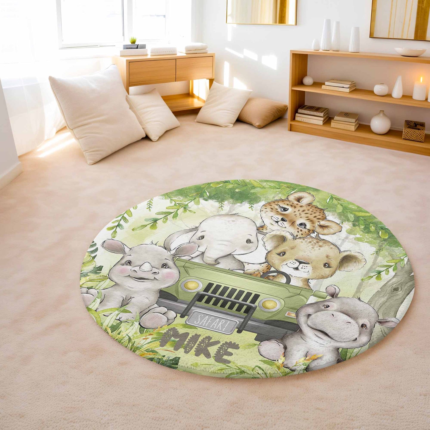 Safari Animals In Car Round Rug