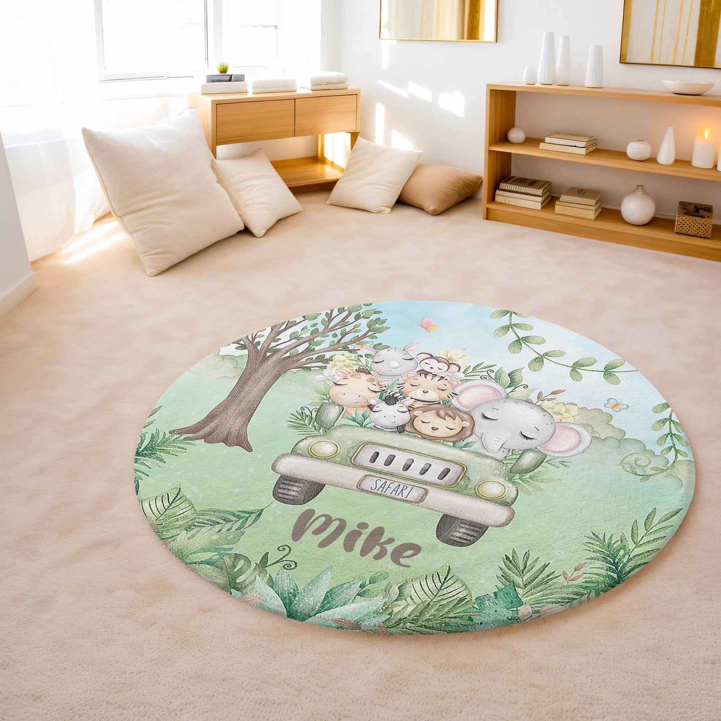 Safari Animals In Car Round Rug