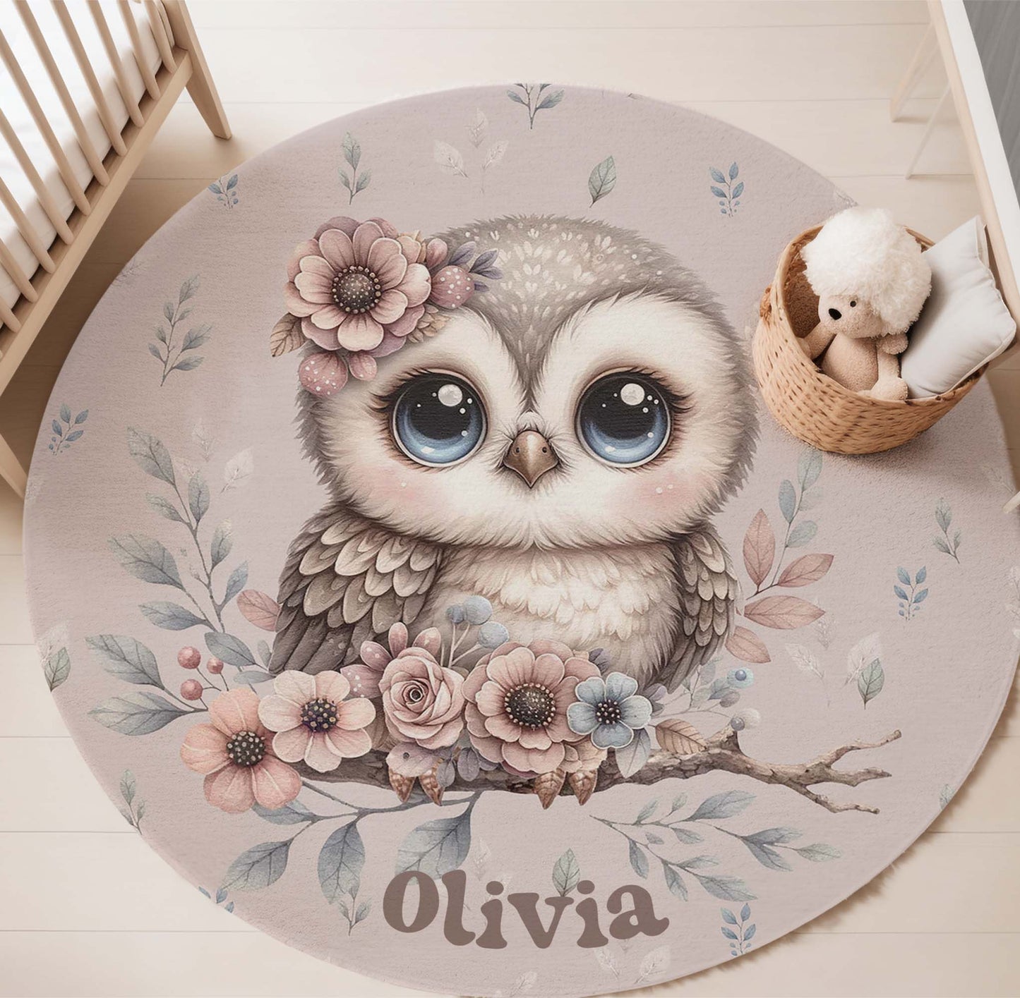 Spring Floral Owl Round Rug