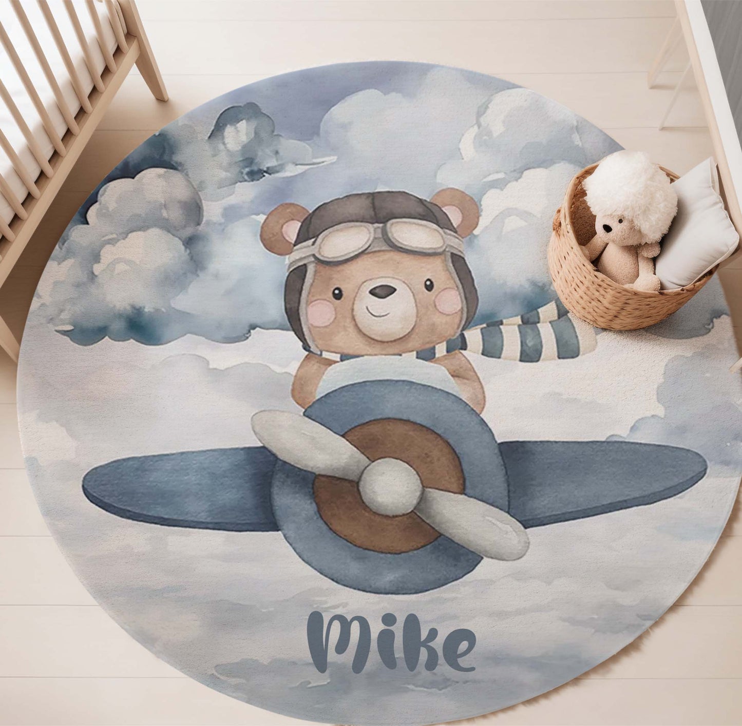 Pilot Bear On Plane Round Rug