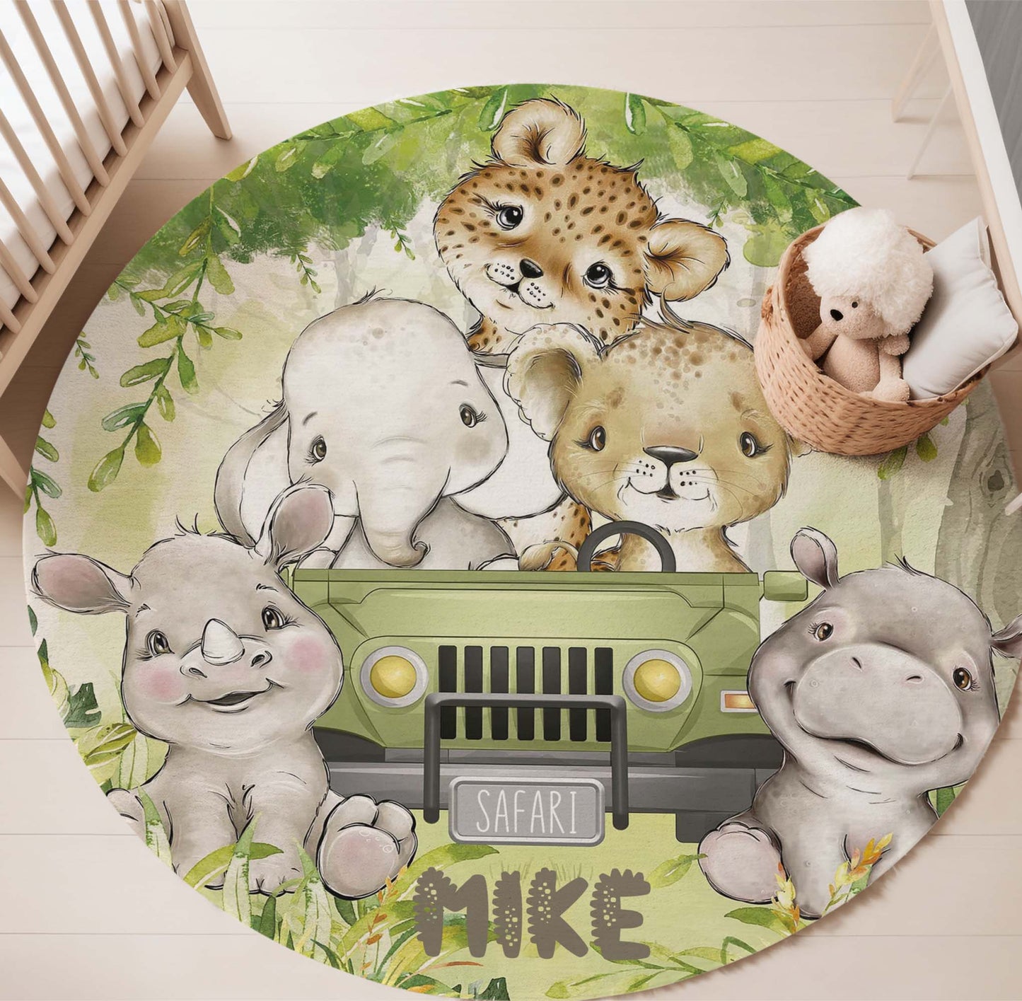 Safari Animals In Car Round Rug
