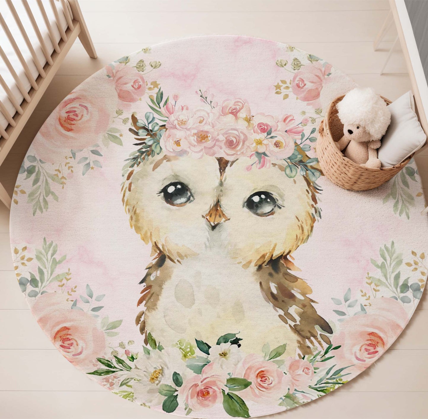 Baby Owl Rose Floral Round Rug