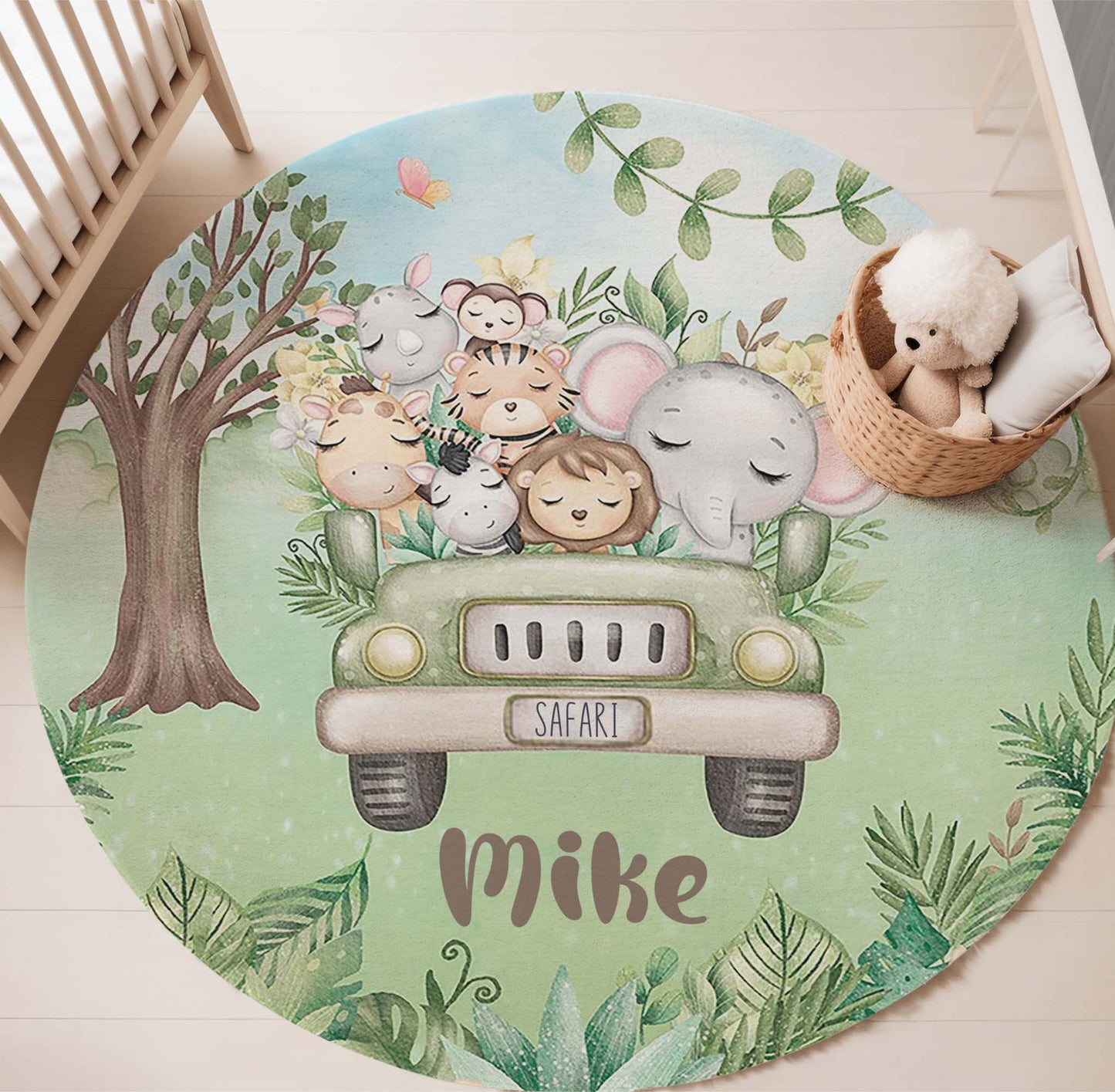 Safari Animals In Car Round Rug