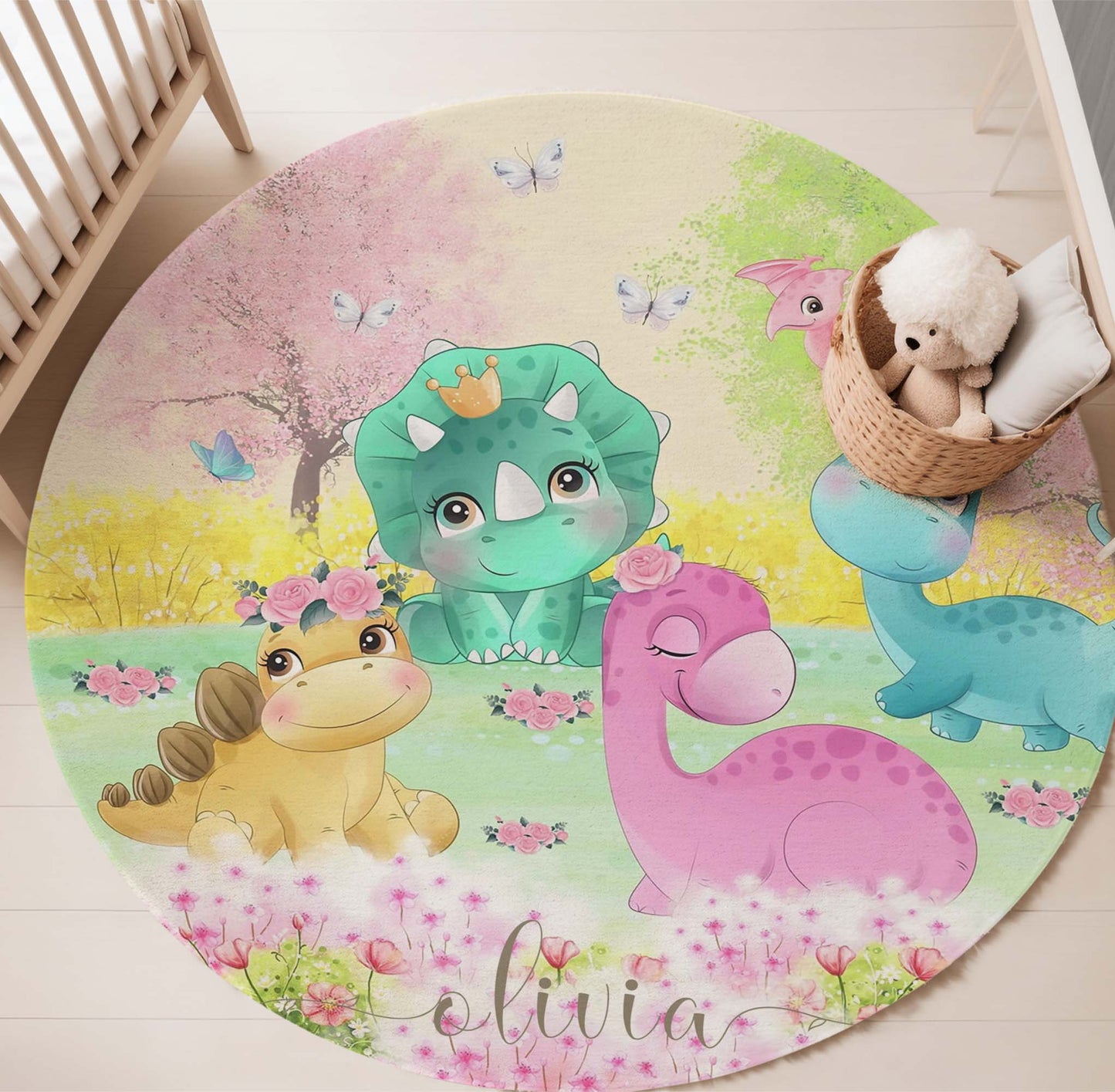 Dinosaurs Spring Floral Round Rug