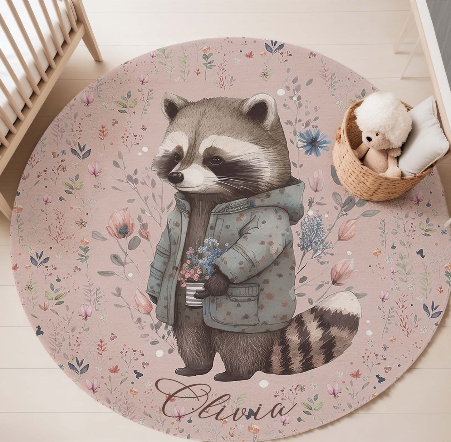 Floral Raccoon Round Rug