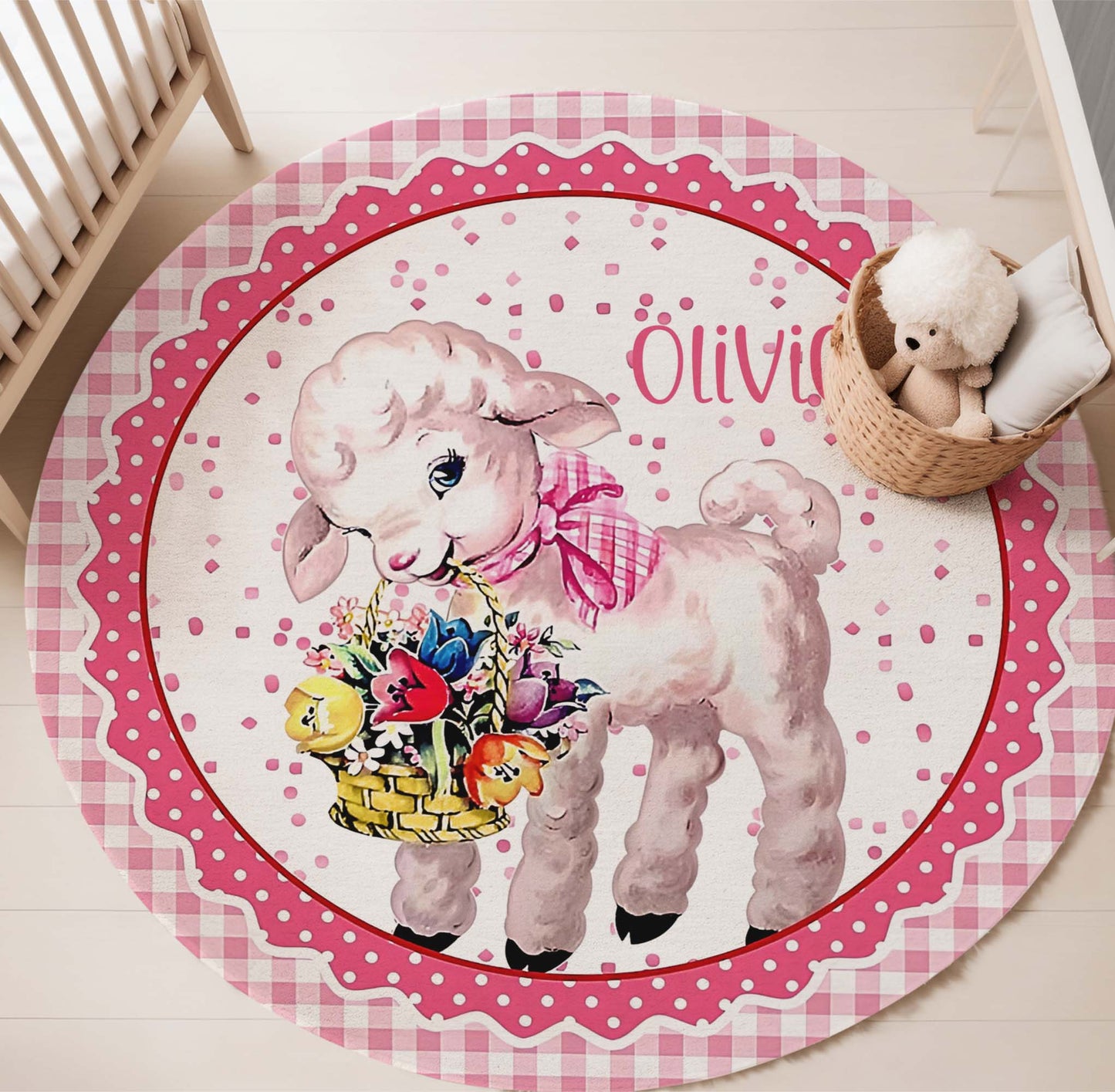 Vintage Sheep Flowers Round Rug