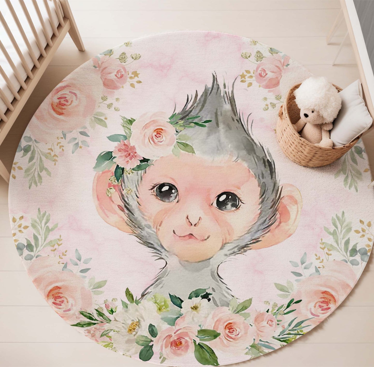 Baby Monkey Rose Floral Round Rug
