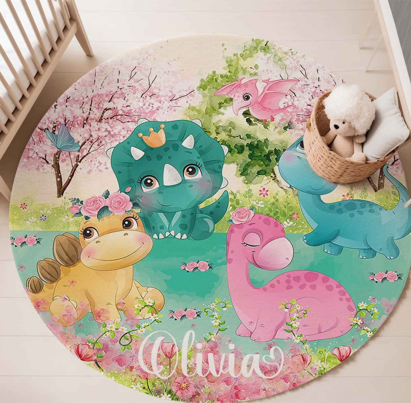 Dinosaur Floral Round Rug