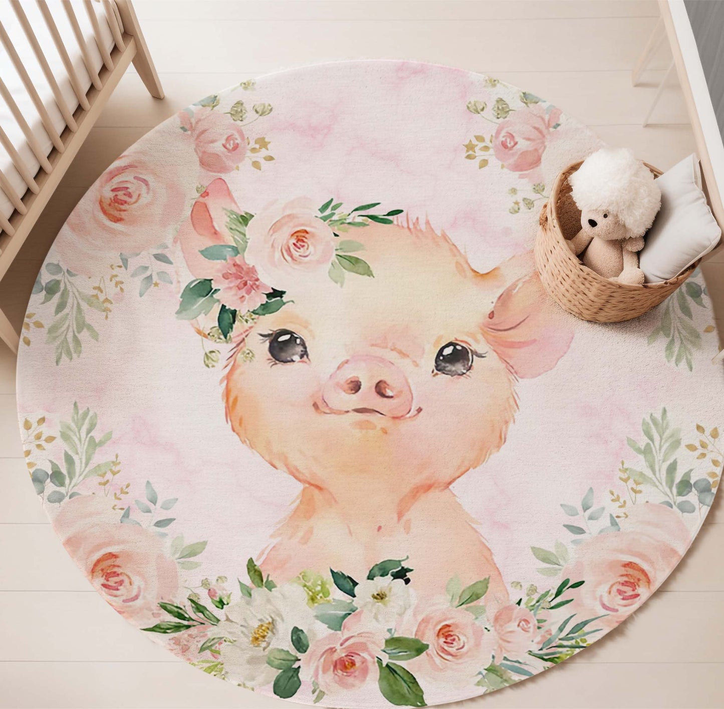 Baby Pig Rose Floral Round Rug