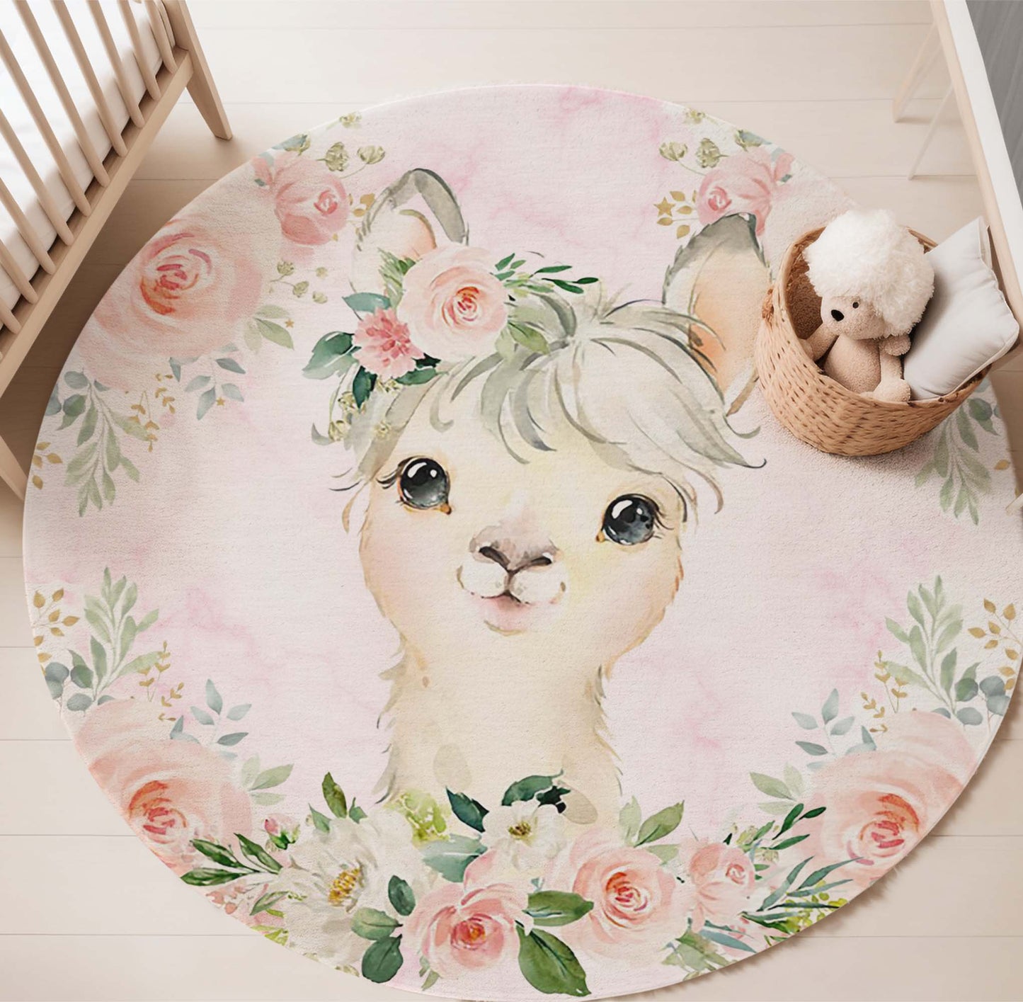 Baby Llama Rose Floral Round Rug