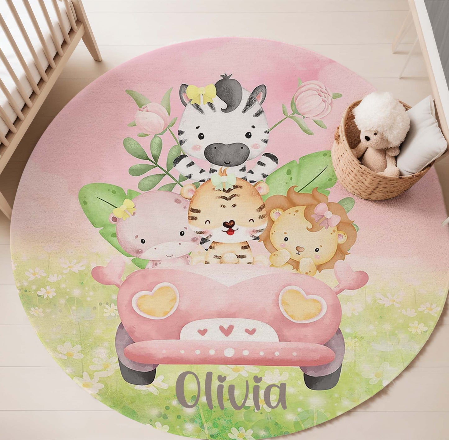 Safari Animals In Car Round Rug