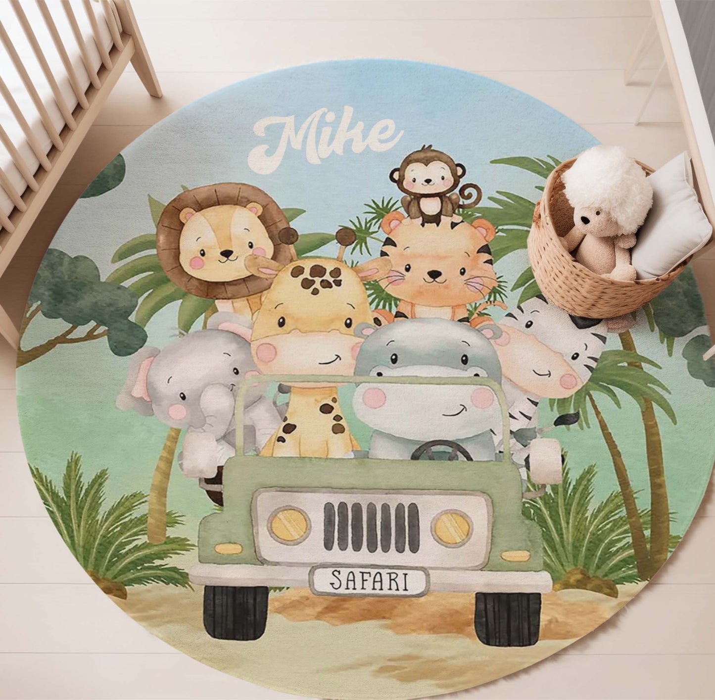 Safari Animals In Car Round Rug