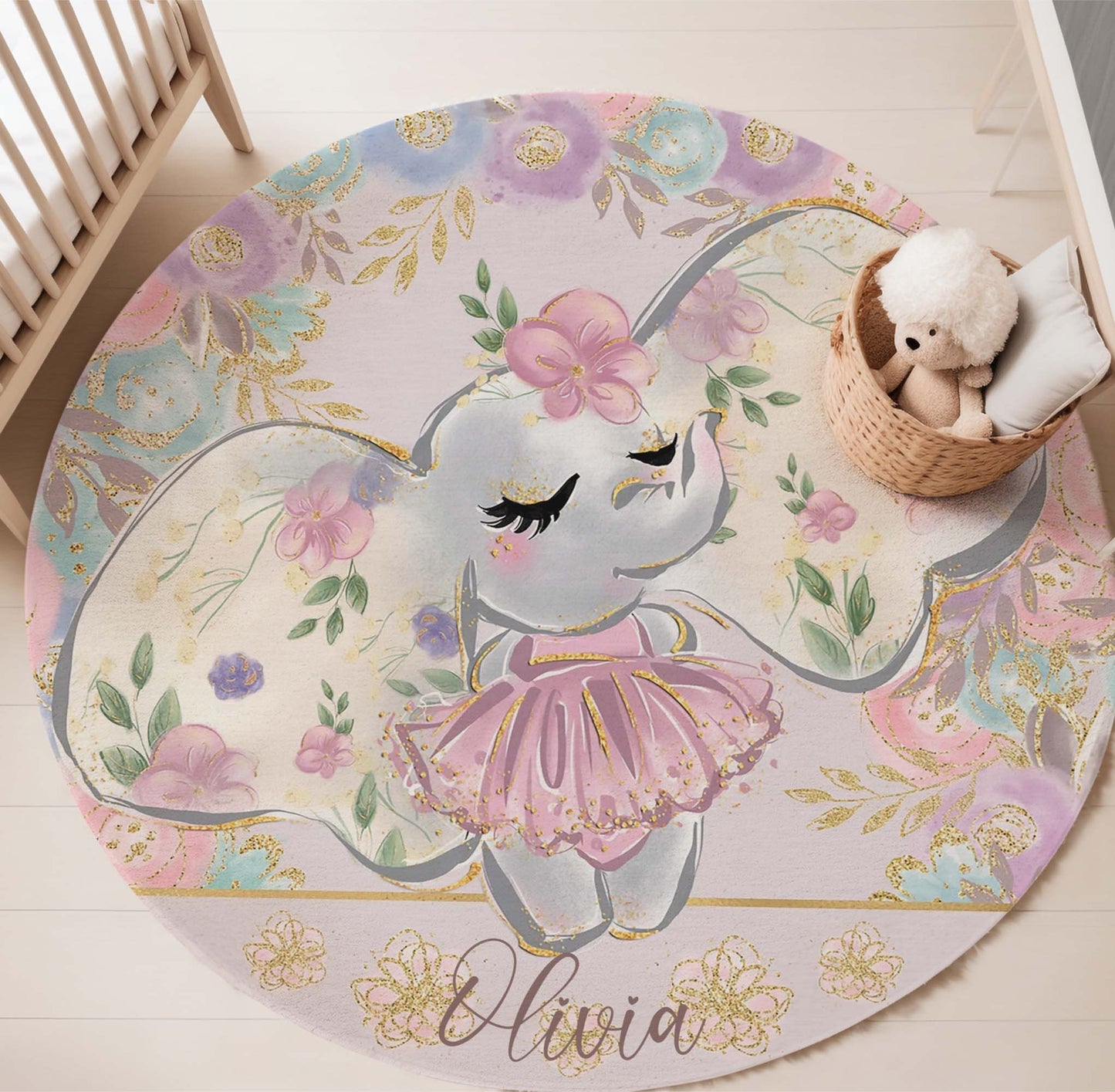 Ballerina Elephant Floral Round Rug