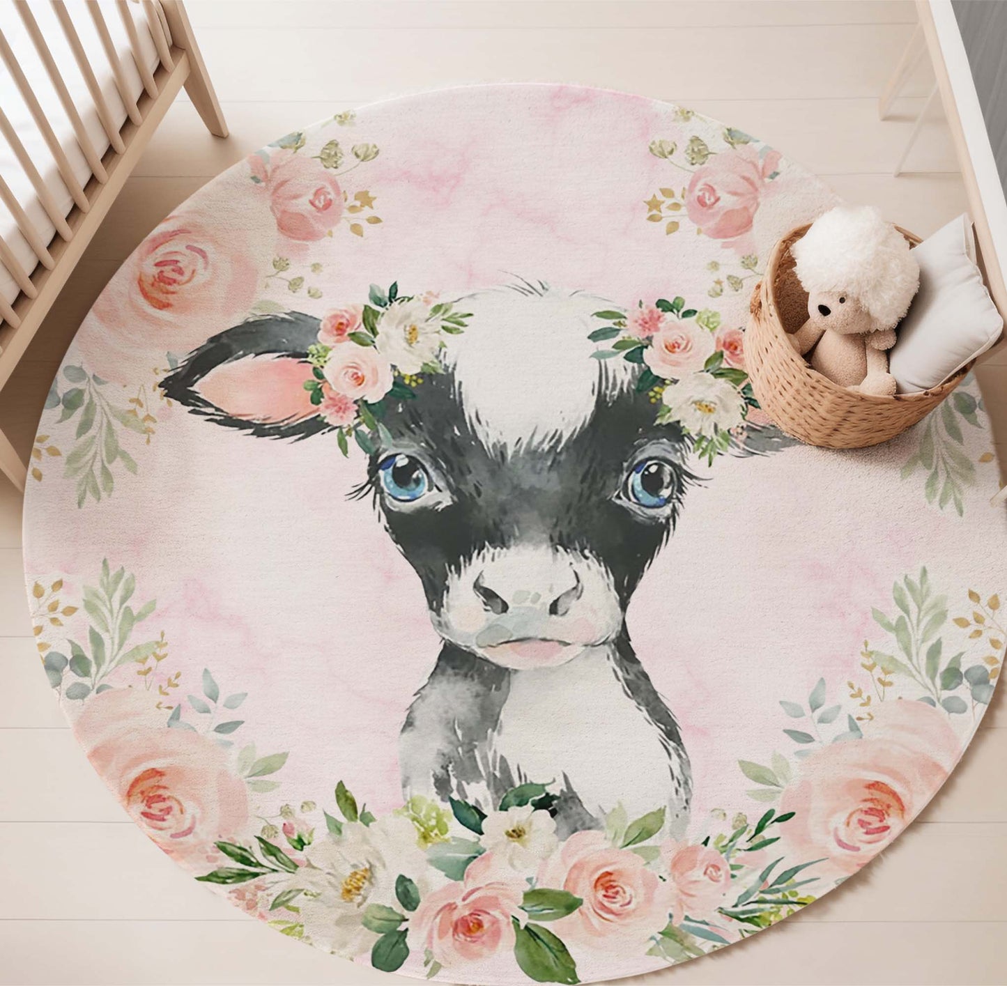 Baby Cow Rose Floral Round Rug