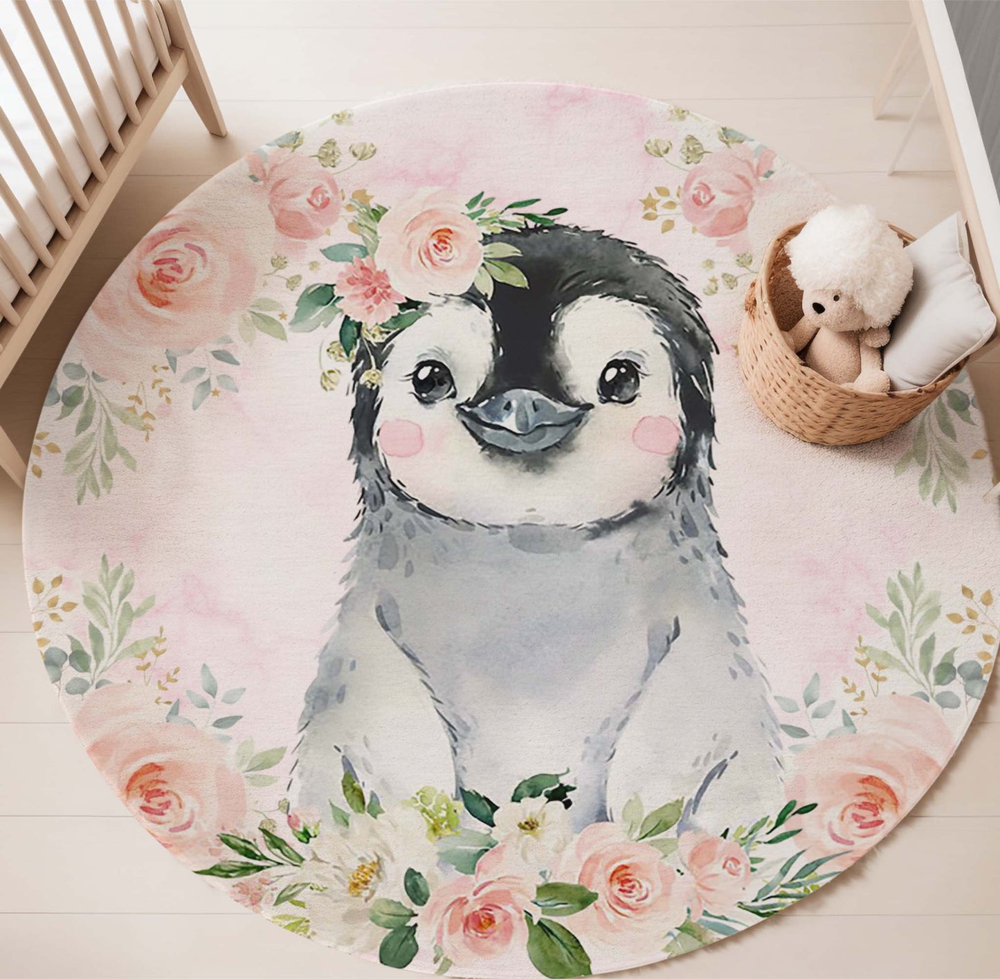 Baby Penguin Rose Floral Round Rug