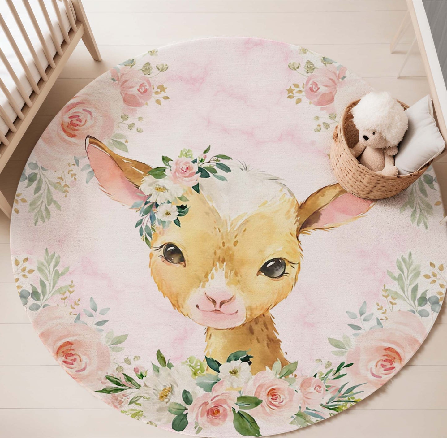 Baby Goat Rose Floral Round Rug