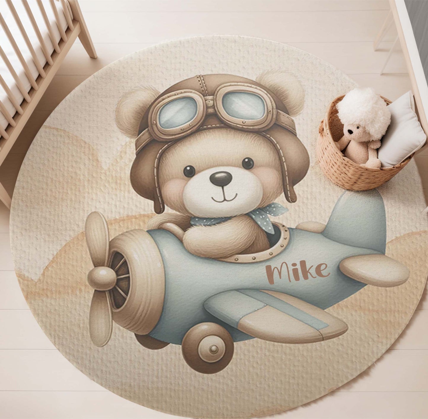Pilot Bear On Plane Round Rug