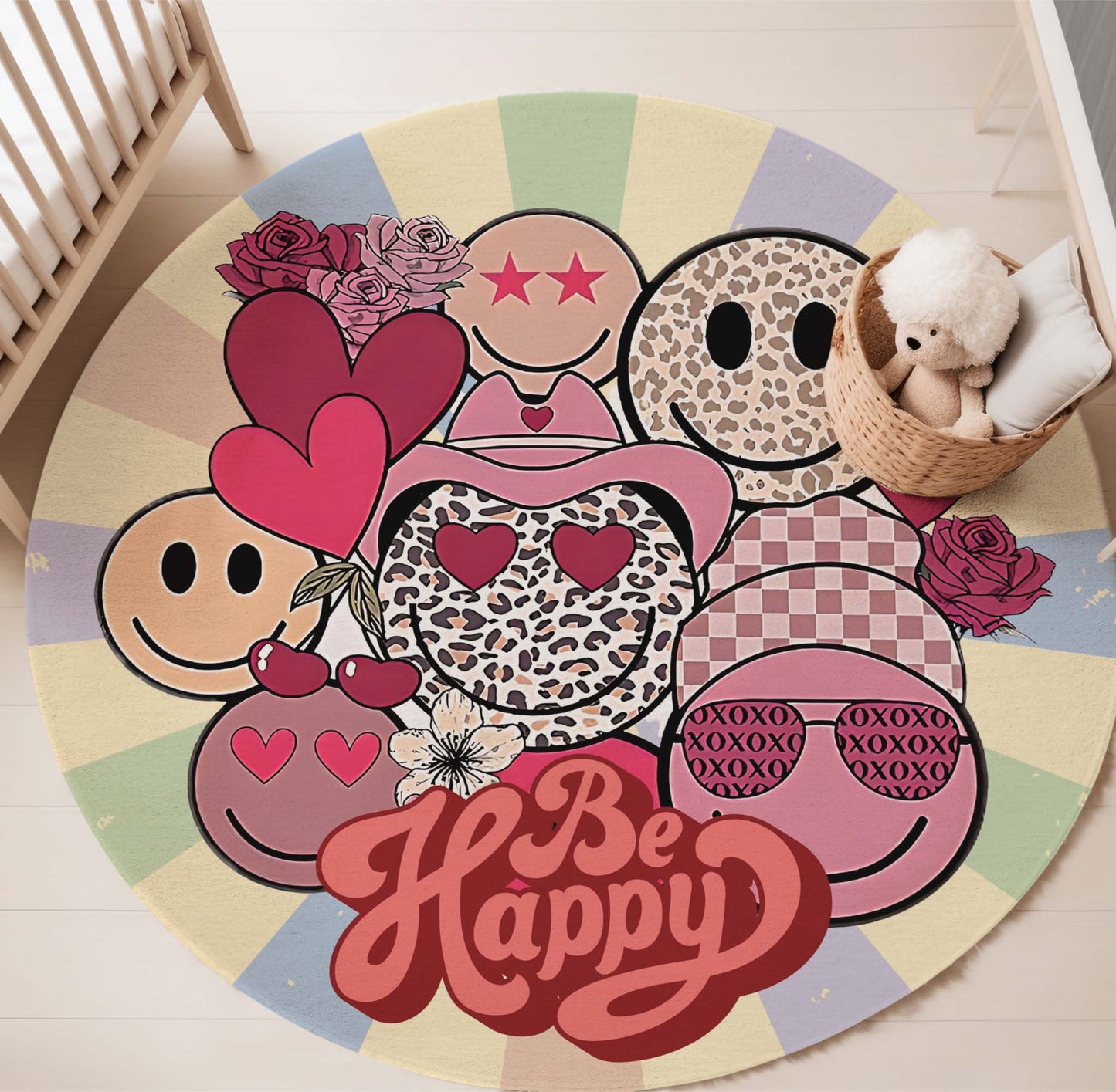 Be Happy Smile Face Round Rug