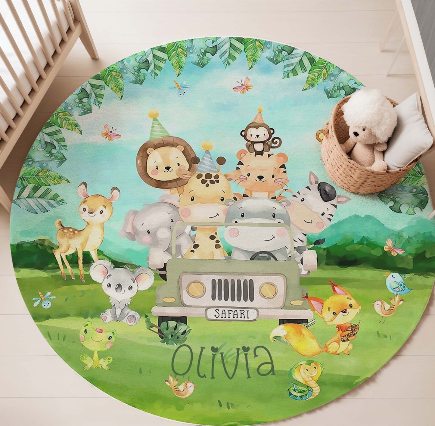 Safari Animals In Car Round Rug