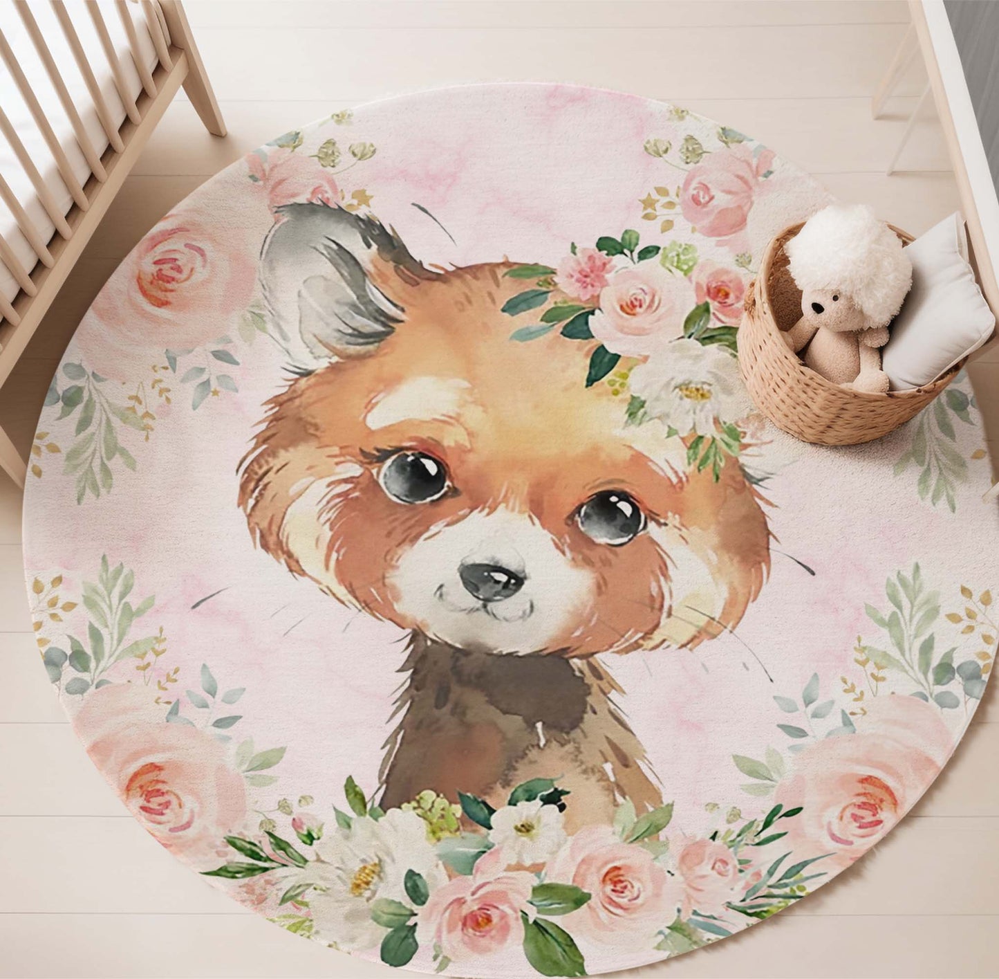 Baby Red Panda Rose Floral Round Rug