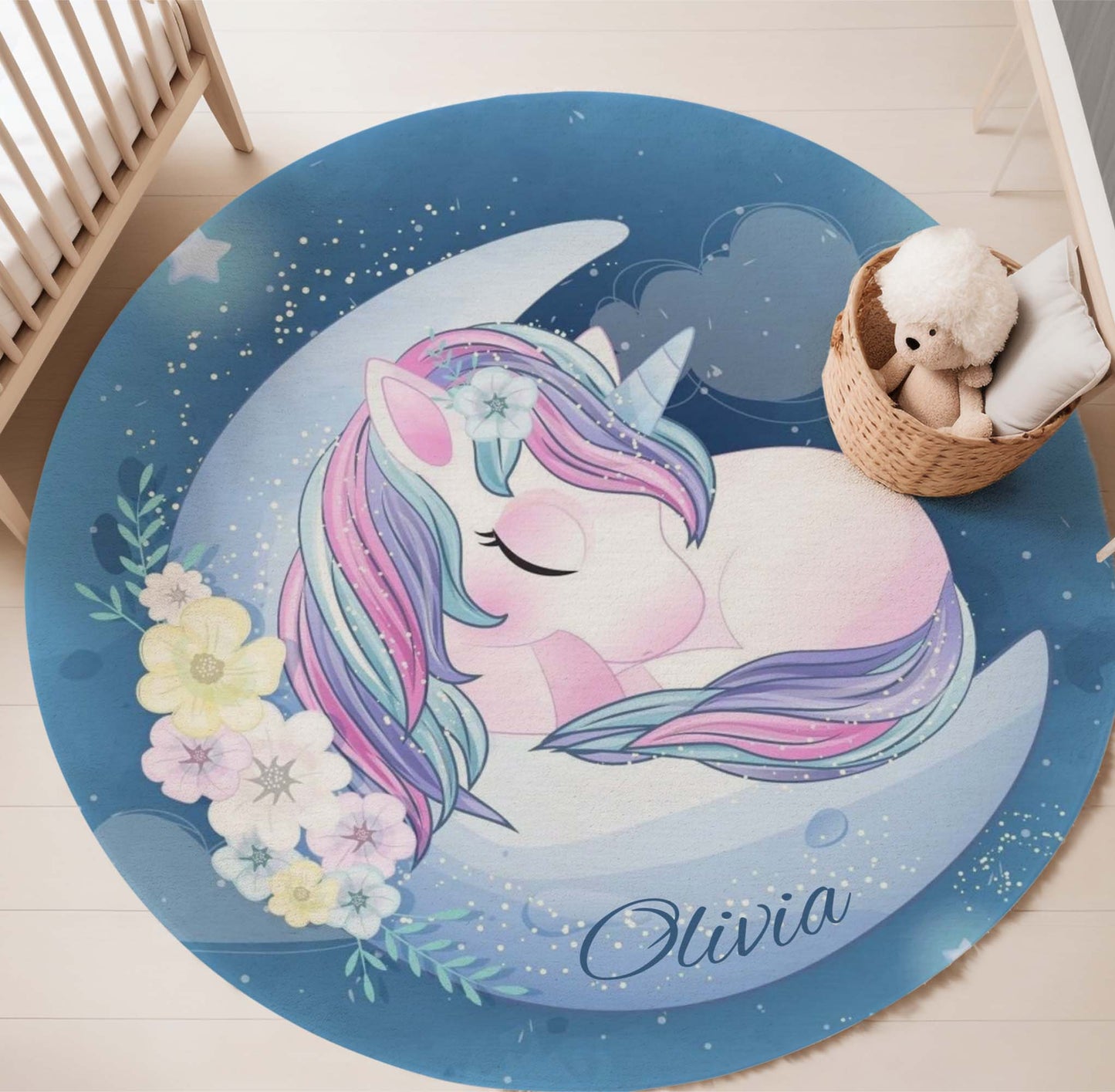 Baby Unicorn Floral Moon Round Rug