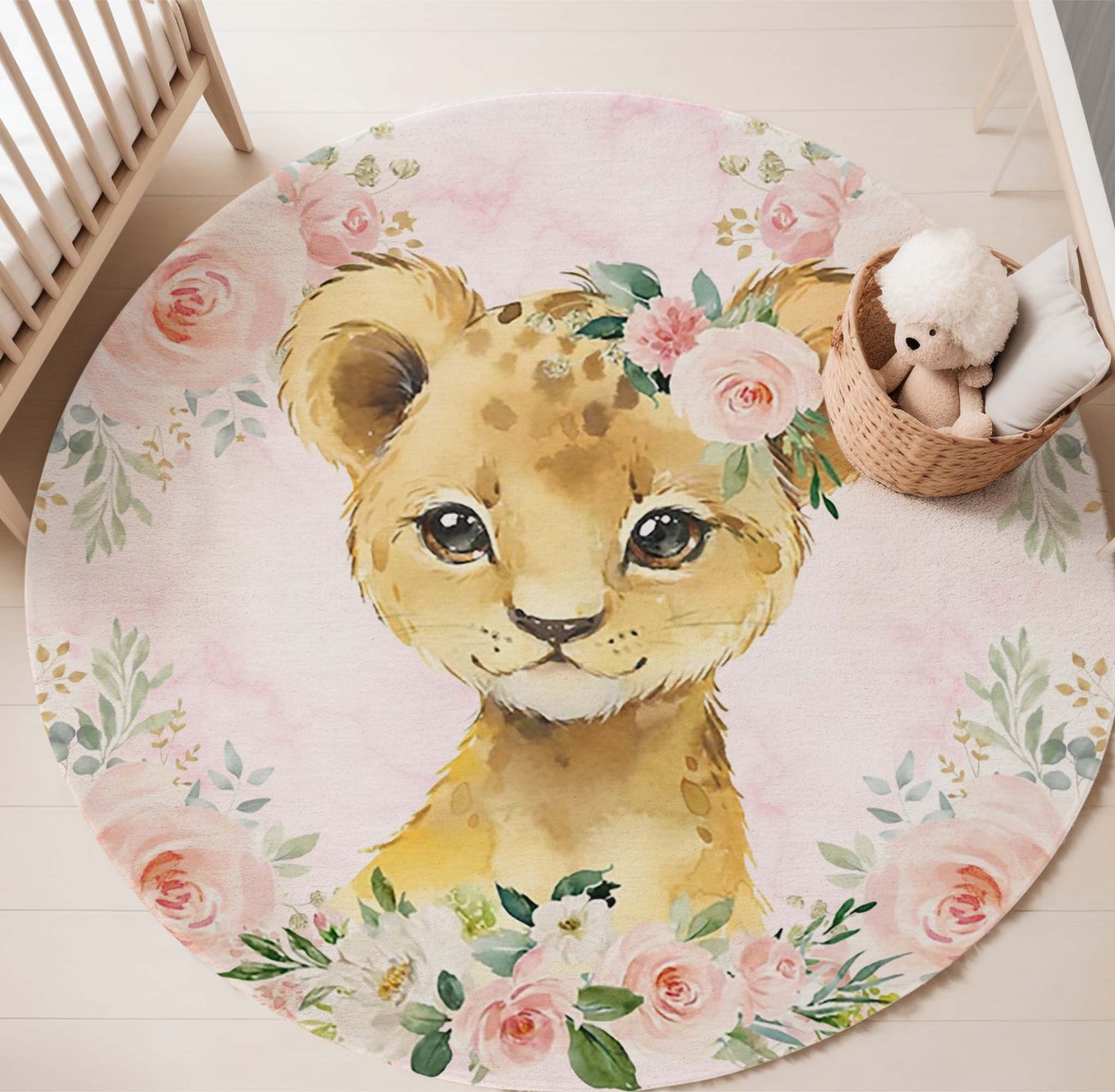Baby Lion Rose Floral Round Rug