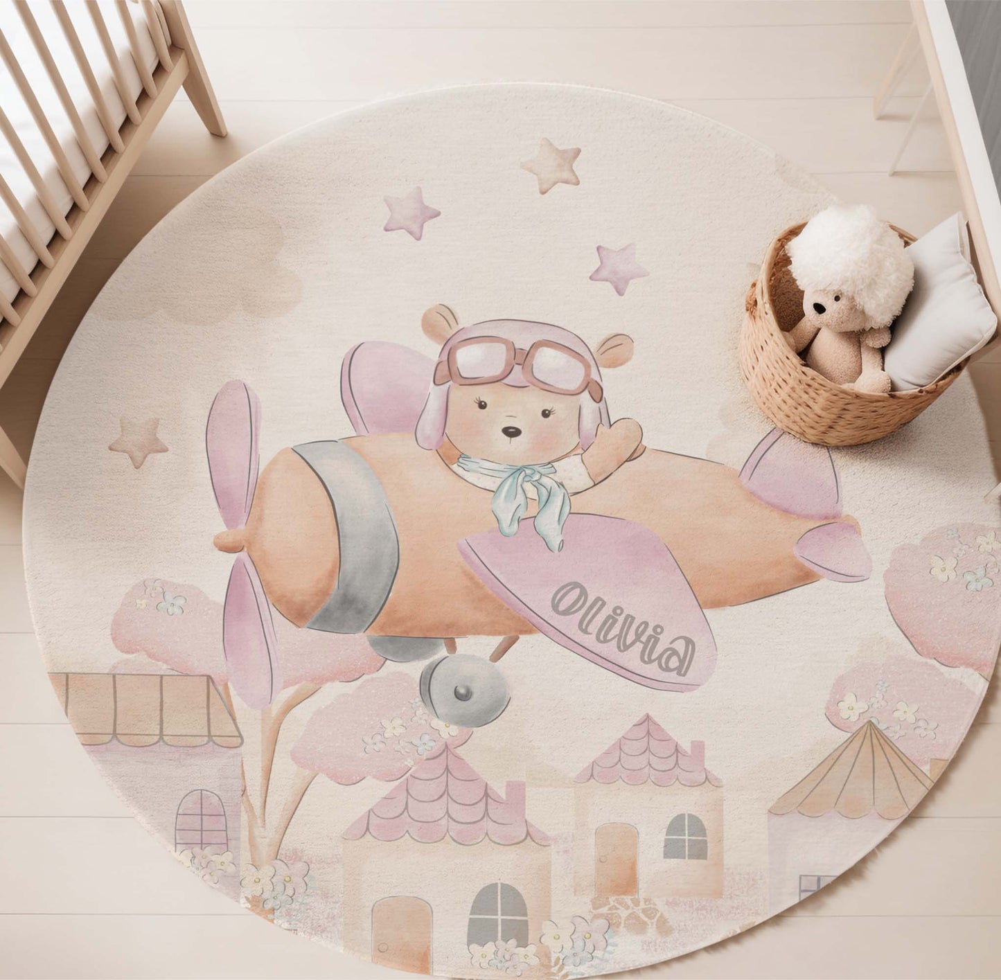Little Pilot Flying Plane Round Rug