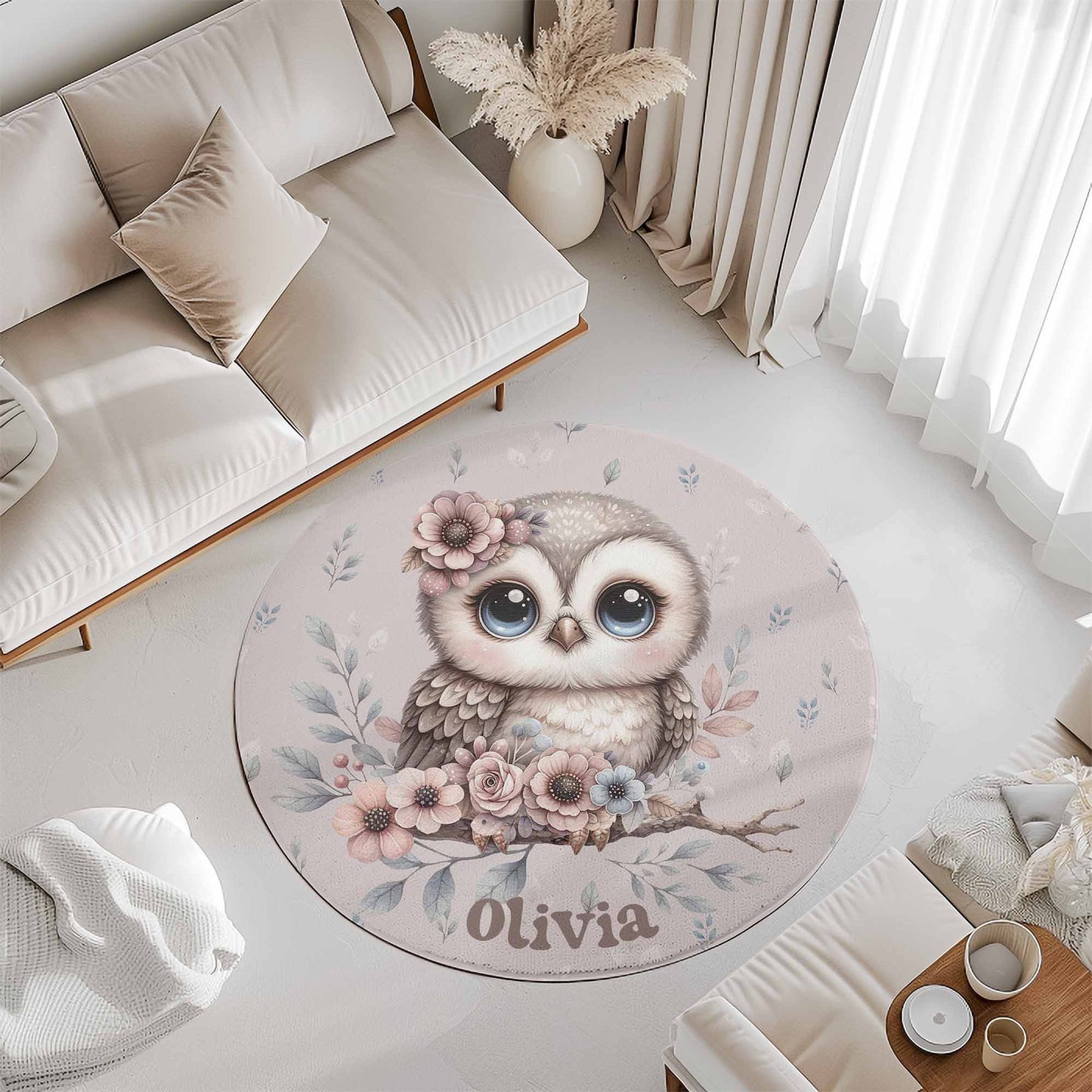 Spring Floral Owl Round Rug