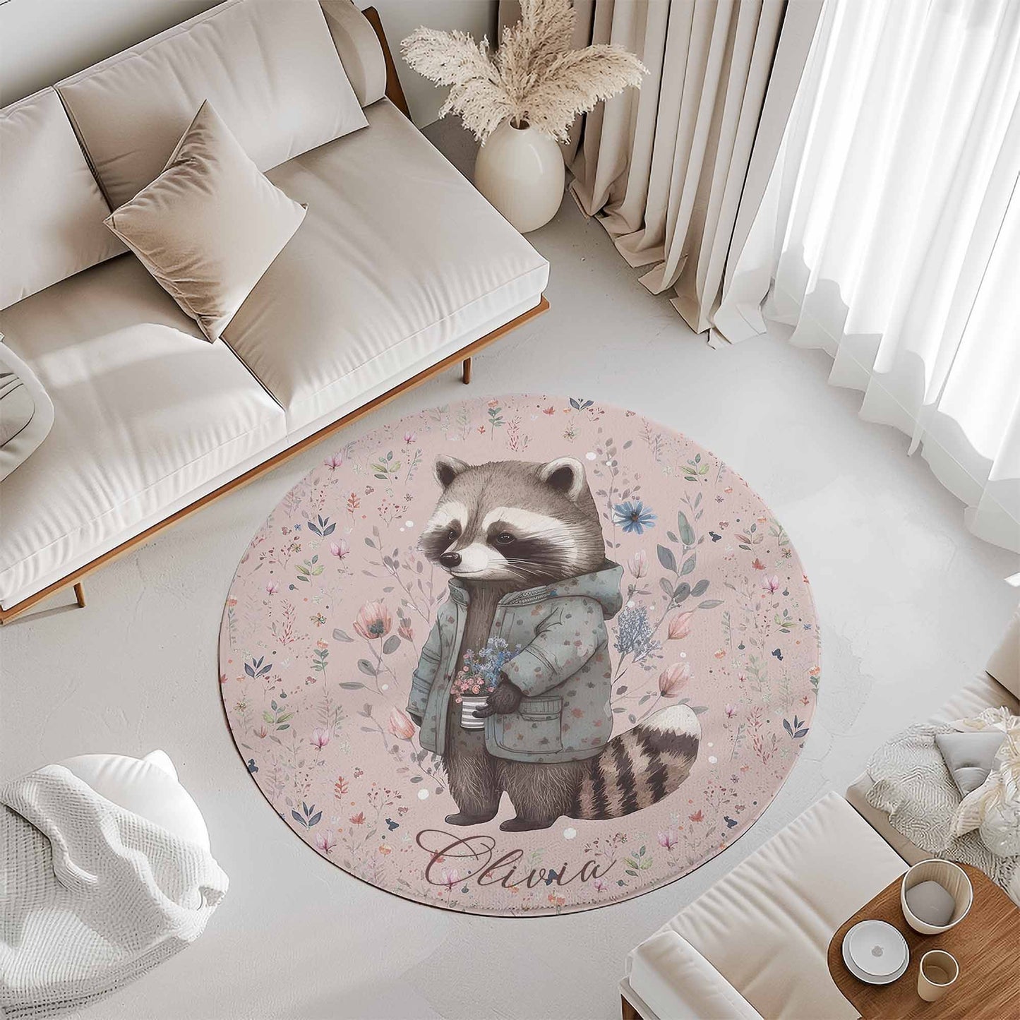 Floral Raccoon Round Rug