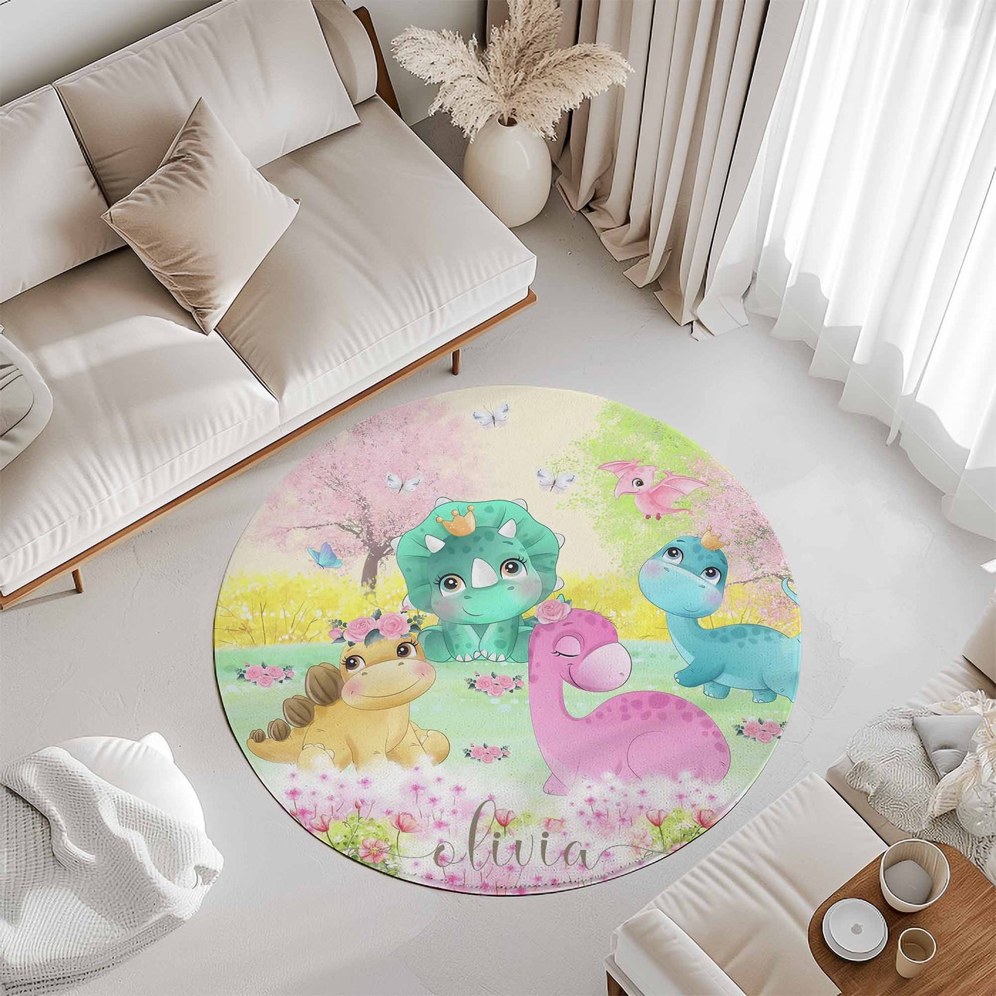 Dinosaurs Spring Floral Round Rug