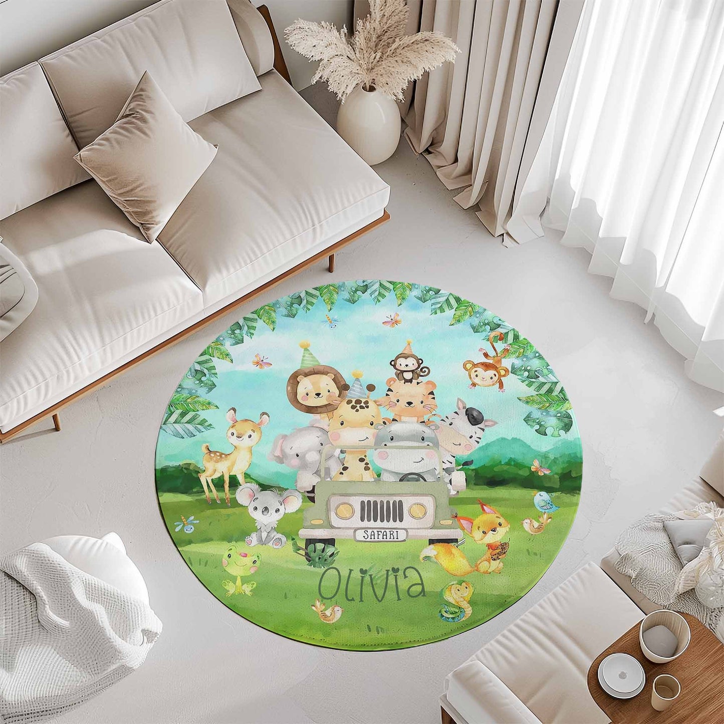 Safari Animals In Car Round Rug