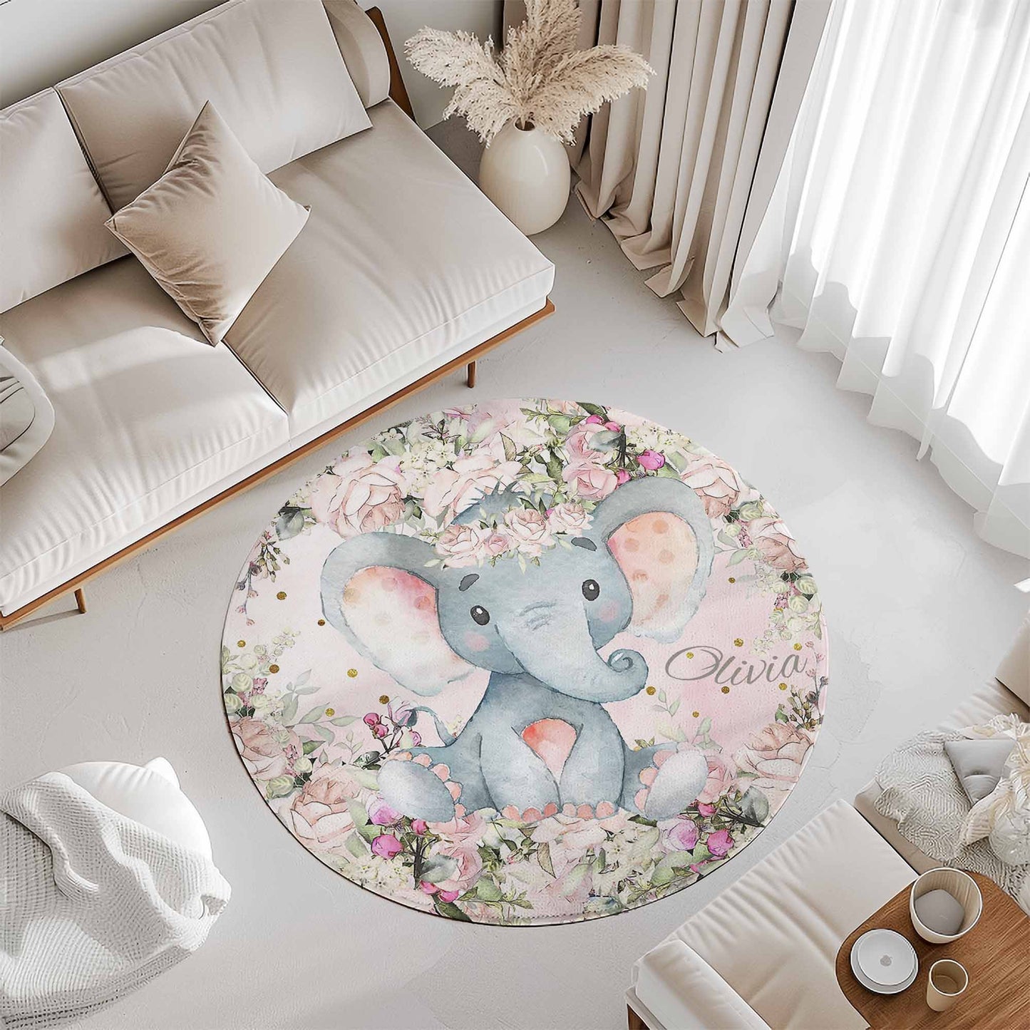 Baby Elephant Rose Floral Round Rug
